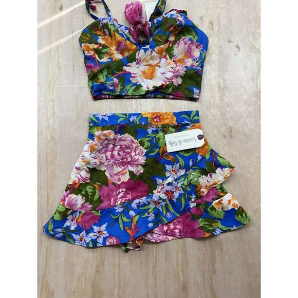 BOG Lottie & Holly Women 2 Piece Set Cropped Tank Shorts Floral Set Pink Blue XS - Picture 1 of 6